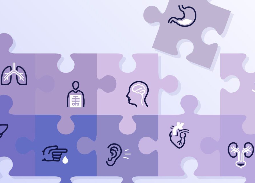 puzzle pieces with features of healthcare within them